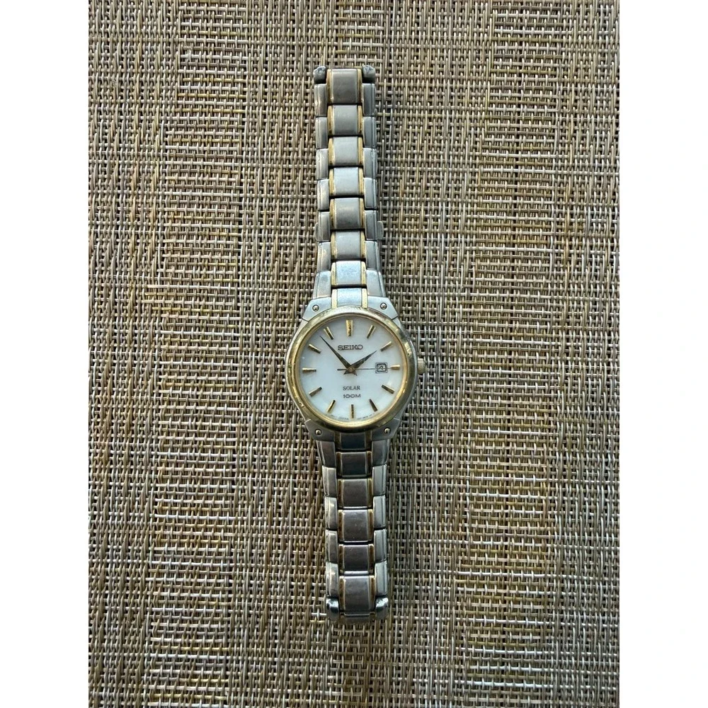 SEIKO Womens Stainless Steel Silver Gold Metal Solar Quartz Wrist Watch